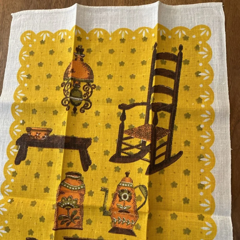Vintage linen tea towel golden yellow orange brown retro 1970's colonial kitchen